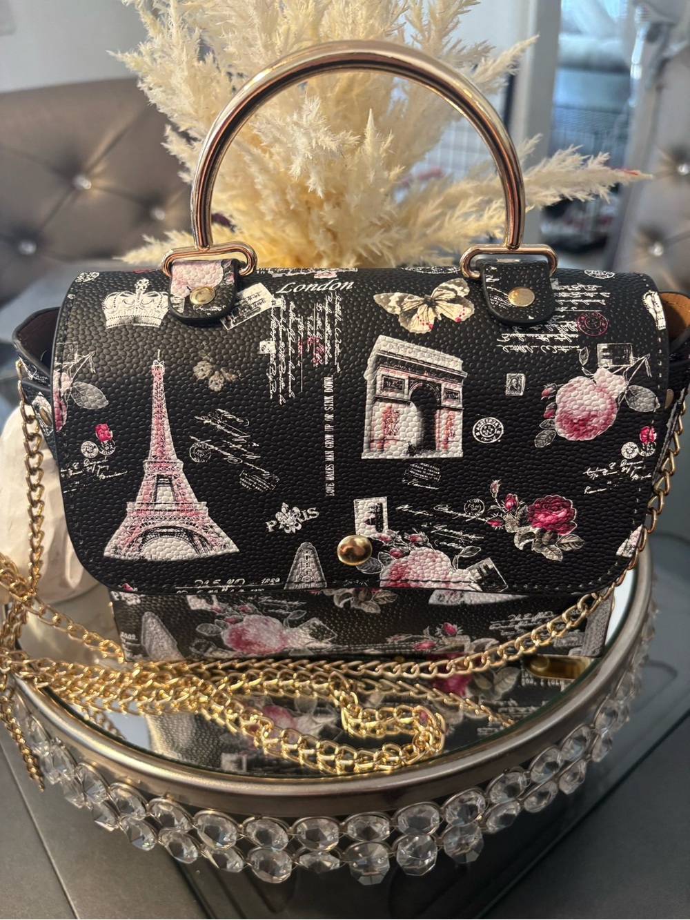 Black Paris Print Top-Handle Crossbody Bag with Gold Hardware - Picture 2 of 12
